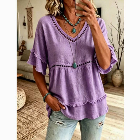 Linen-Blend Eyelet Ruffle-Sleeve Blouse