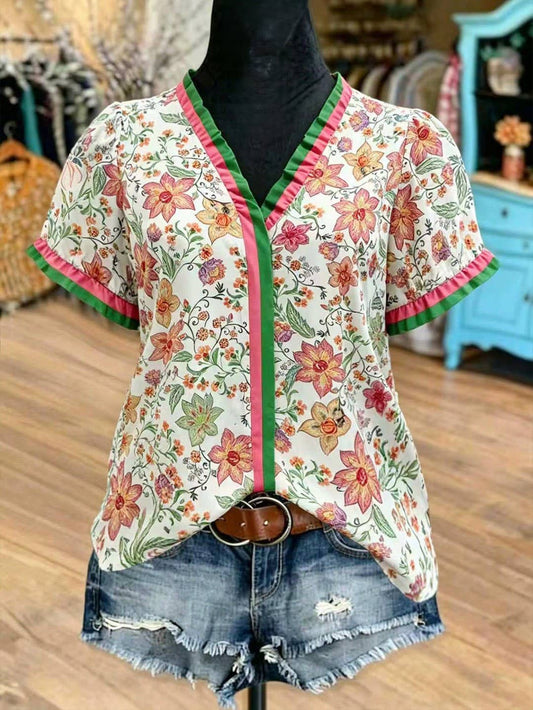 Western Floral Ruffle-Trim V-Neck Top