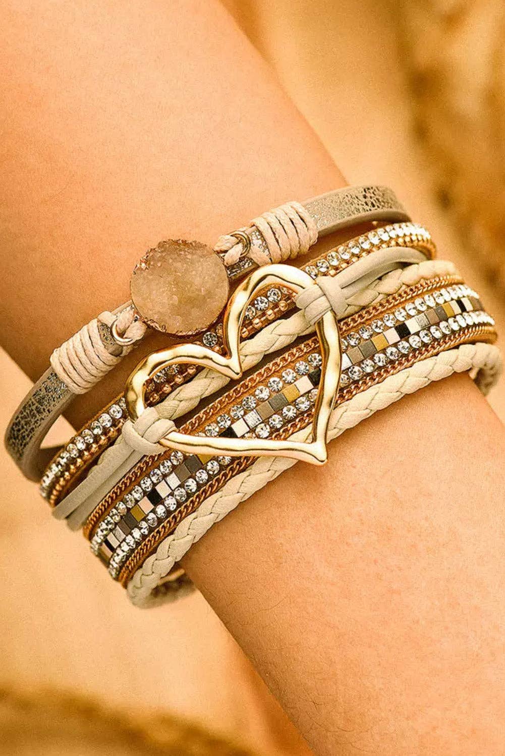Layered Heart Charm Rhinestone Bracelet