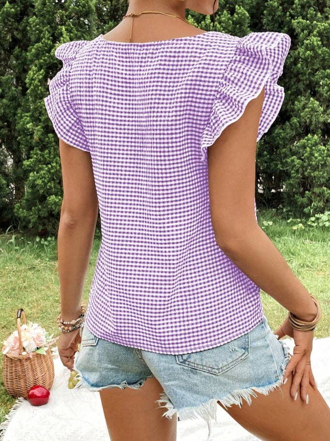 Gingham Square-Neck Ruffle Sleeve Top