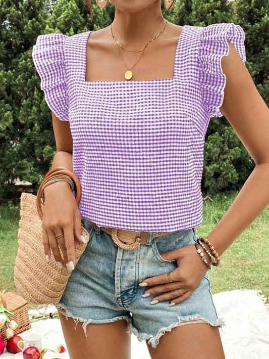 Gingham Square-Neck Ruffle Sleeve Top