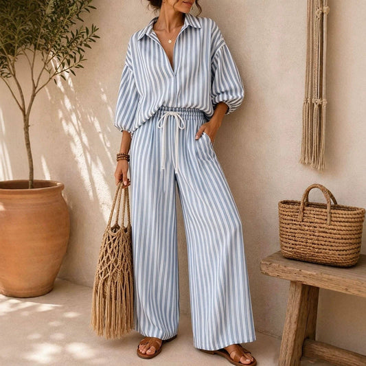 Striped Oversized Shirt & Wide-Leg Pants Set