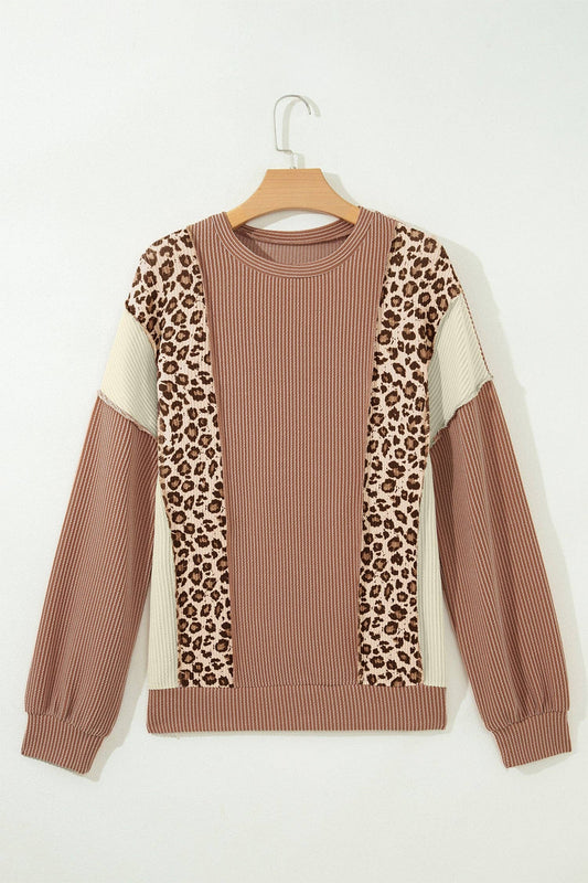 Leopard Reverse-Seam Corded Knit Top
