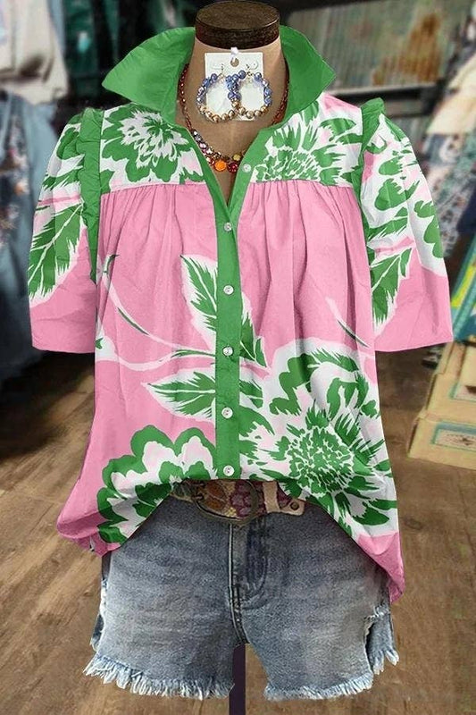 Floral Ruffle Button-Down Blouse