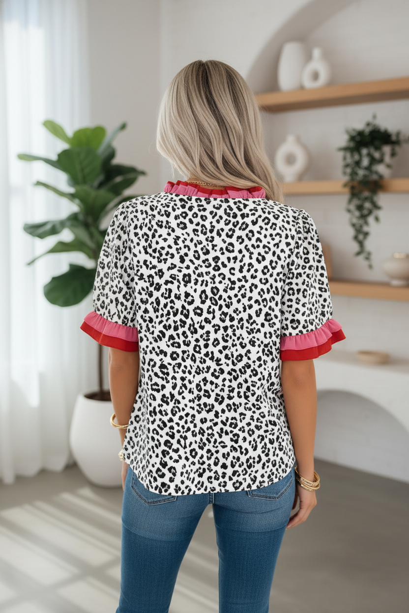 Leopard Ruffle-Trim Blouse