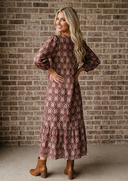 Floral Button-Front Ruffle-Hem Midi Dress