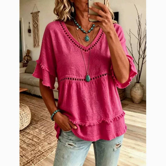 Linen-Blend Eyelet Ruffle-Sleeve Blouse
