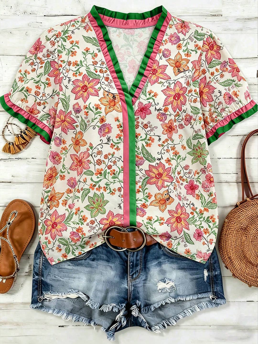 Western Floral Ruffle-Trim V-Neck Top