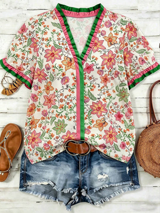 Western Floral Ruffle-Trim V-Neck Top
