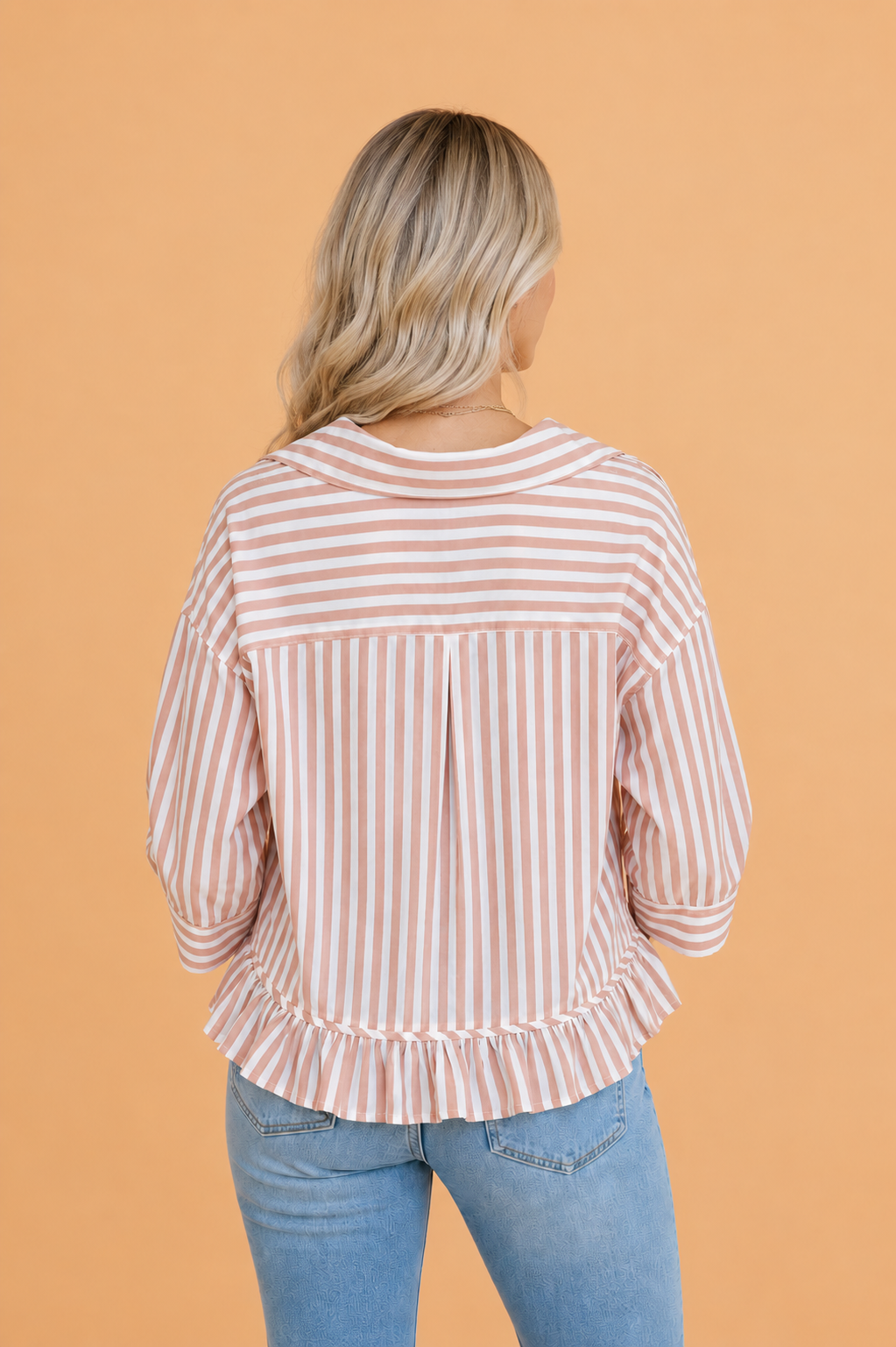 Striped Ruffle-Hem Button-Up Shirt