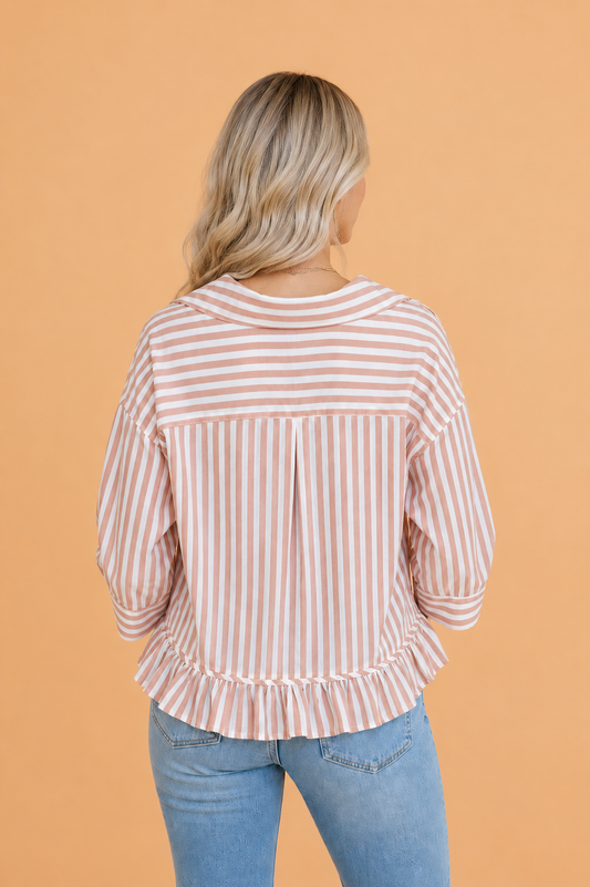 Striped Ruffle-Hem Button-Up Shirt