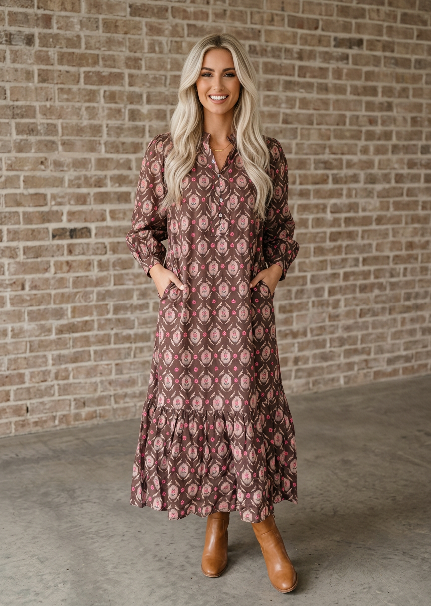 Floral Button-Front Ruffle-Hem Midi Dress