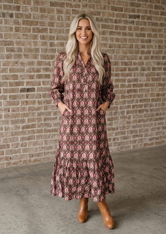 Floral Button-Front Ruffle-Hem Midi Dress