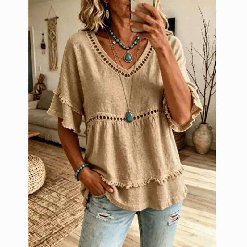 Linen-Blend Eyelet Ruffle-Sleeve Blouse