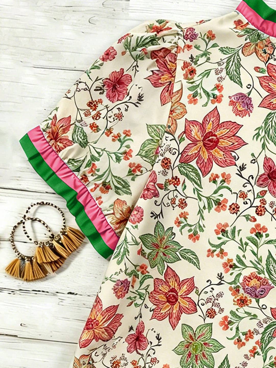 Western Floral Ruffle-Trim V-Neck Top