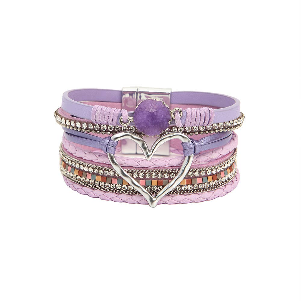 Layered Heart Charm Rhinestone Bracelet