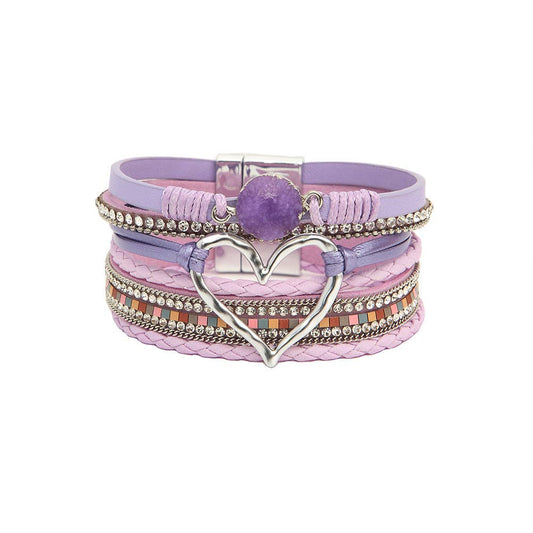 Layered Heart Charm Rhinestone Bracelet