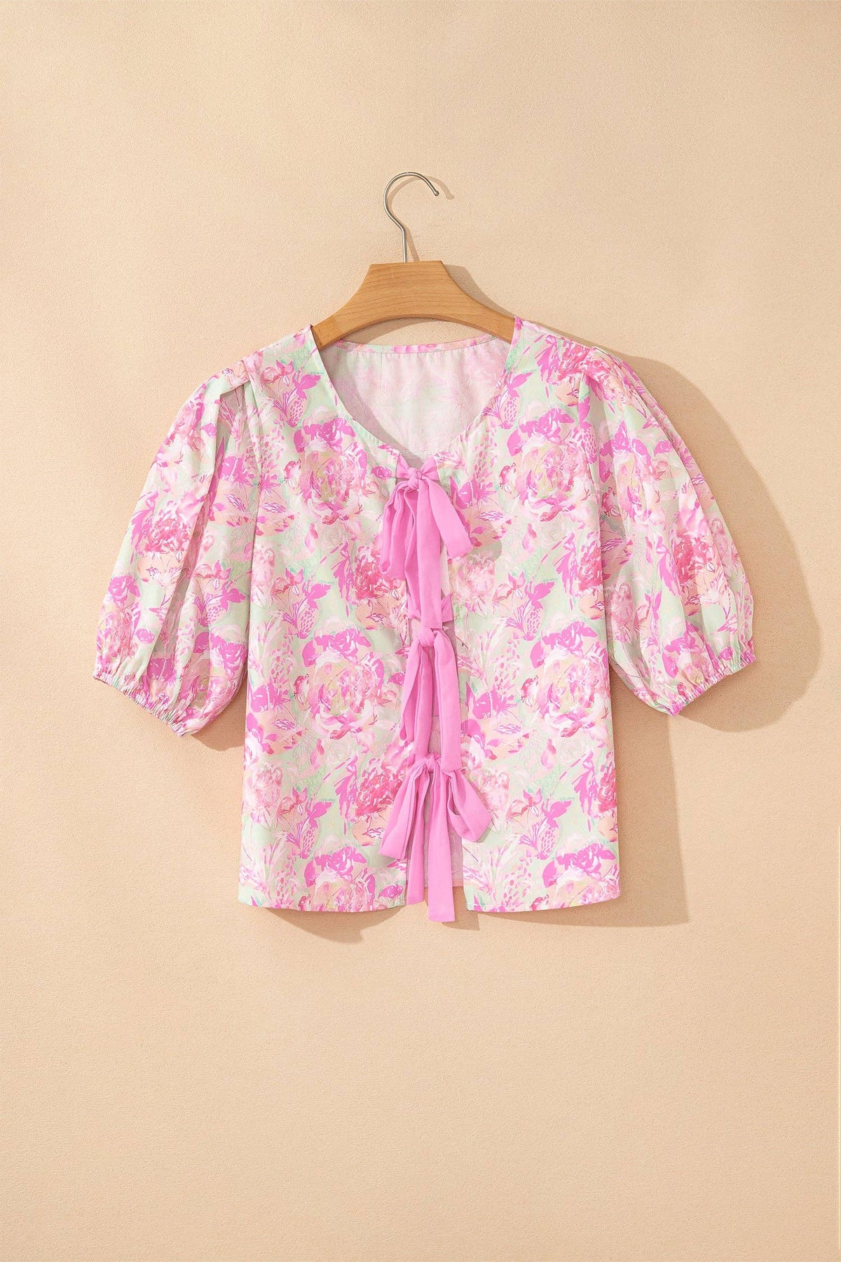 Floral Ribbon-Tie Puff-Sleeve Blouse