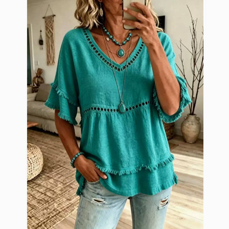 Linen-Blend Eyelet Ruffle-Sleeve Blouse