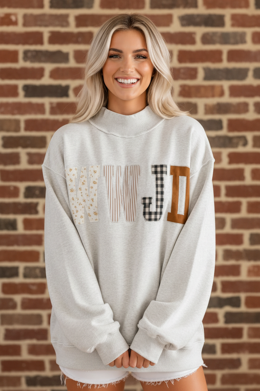 OMG! WWJD Embroidered Patchwork Mockneck Sweatshirt