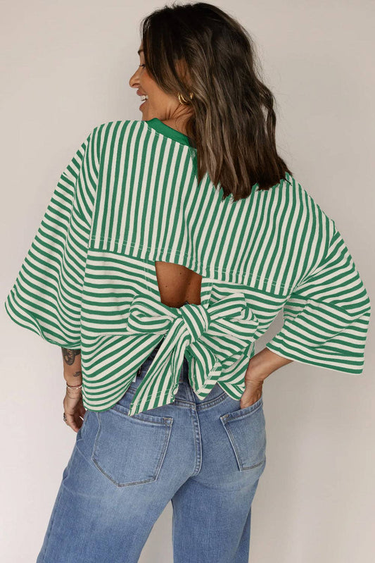 Green Striped Knit Bow-Back Top