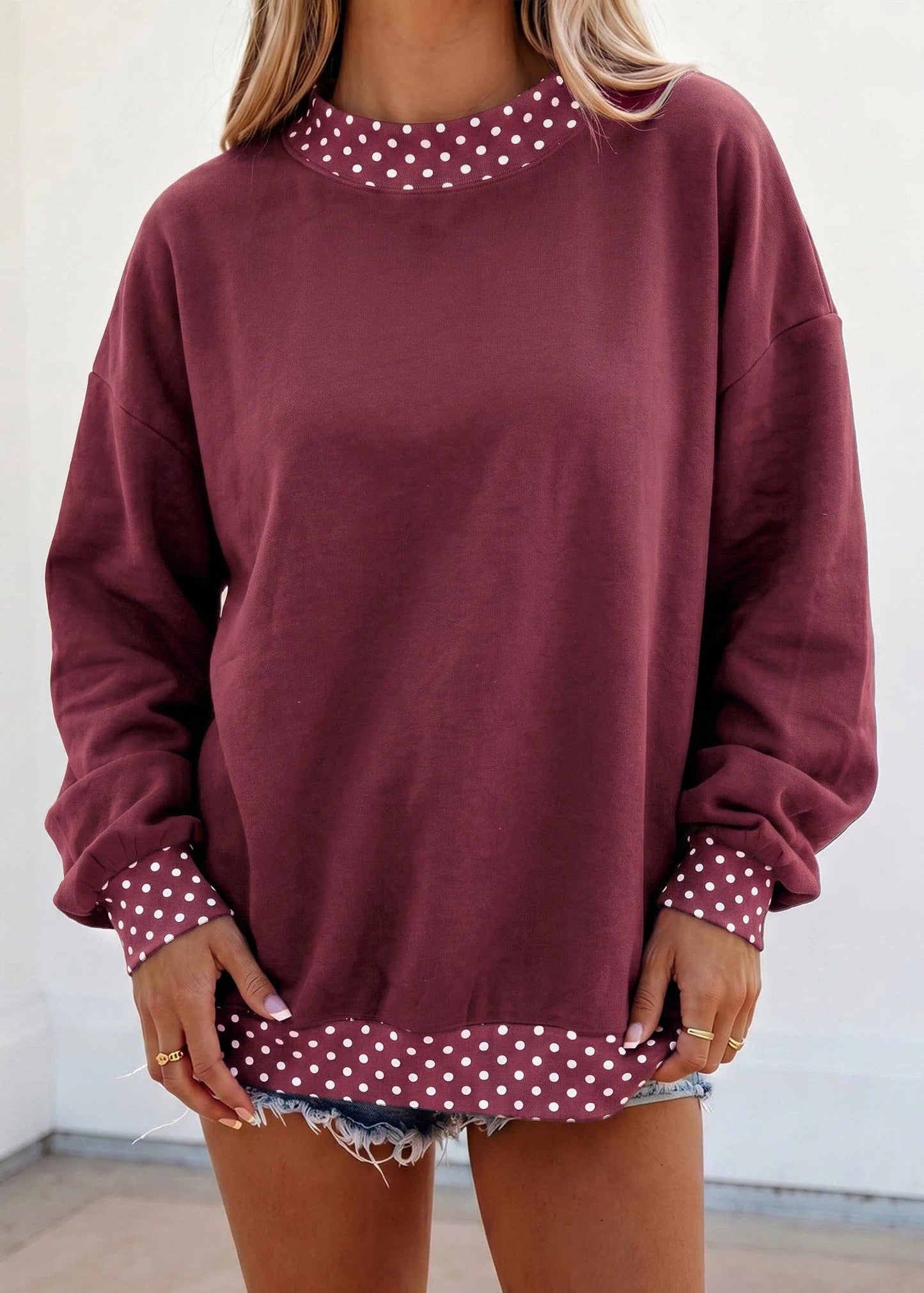 Polka Dot Trim Mockneck Sweatshirt