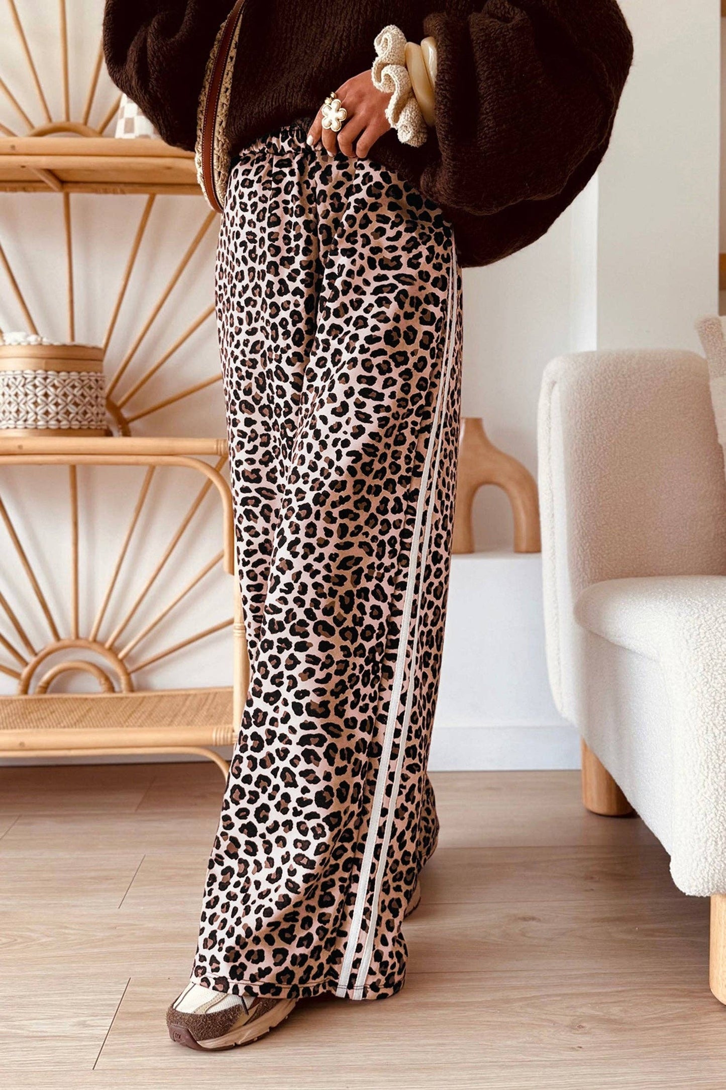 Leopard Print Wide Leg Pants with Side Stripe Detail
