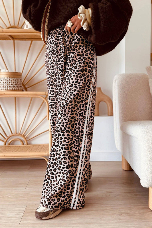 Leopard Print Wide Leg Pants with Side Stripe Detail
