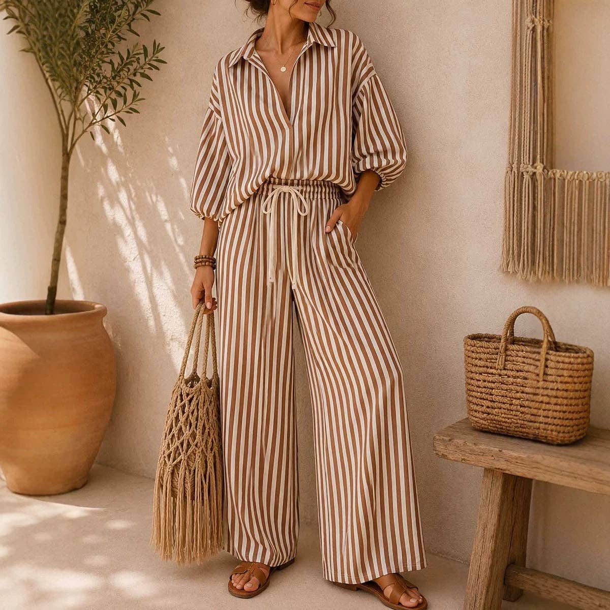 Striped Oversized Shirt & Wide-Leg Pants Set