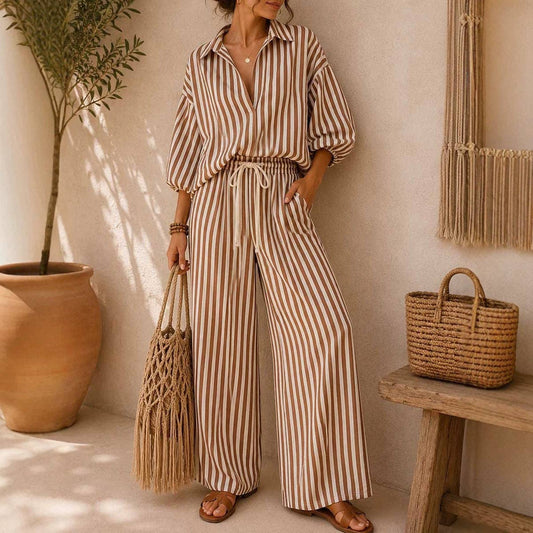 Striped Oversized Shirt & Wide-Leg Pants Set
