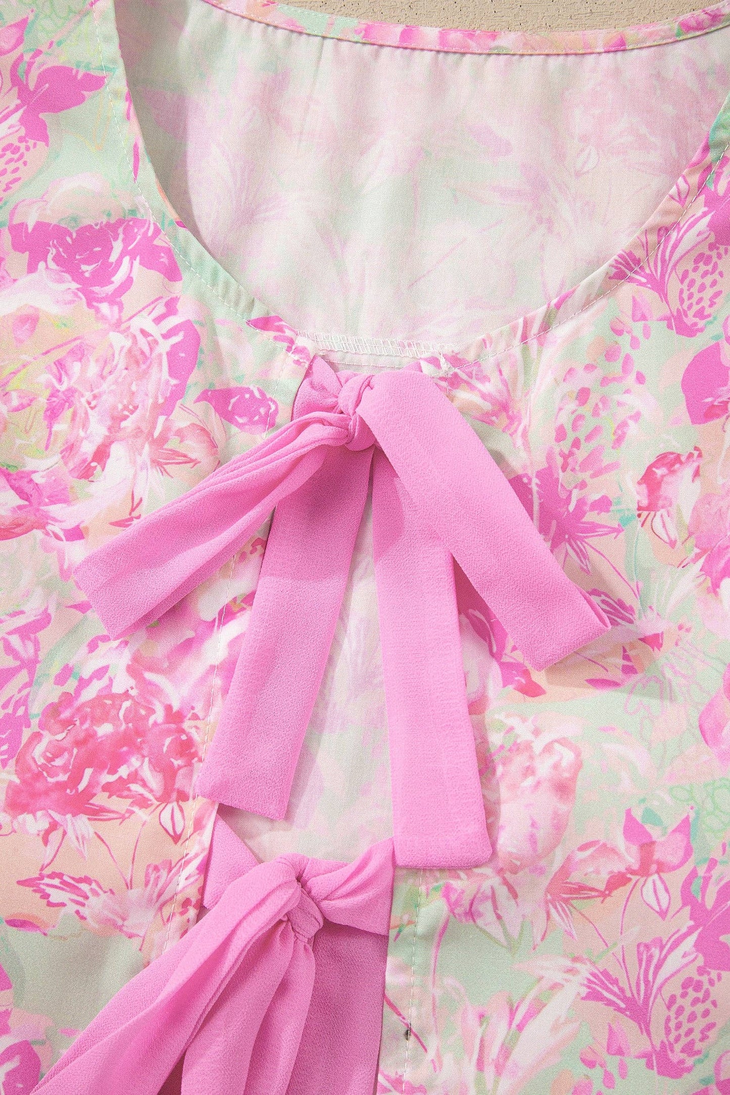 Floral Ribbon-Tie Puff-Sleeve Blouse