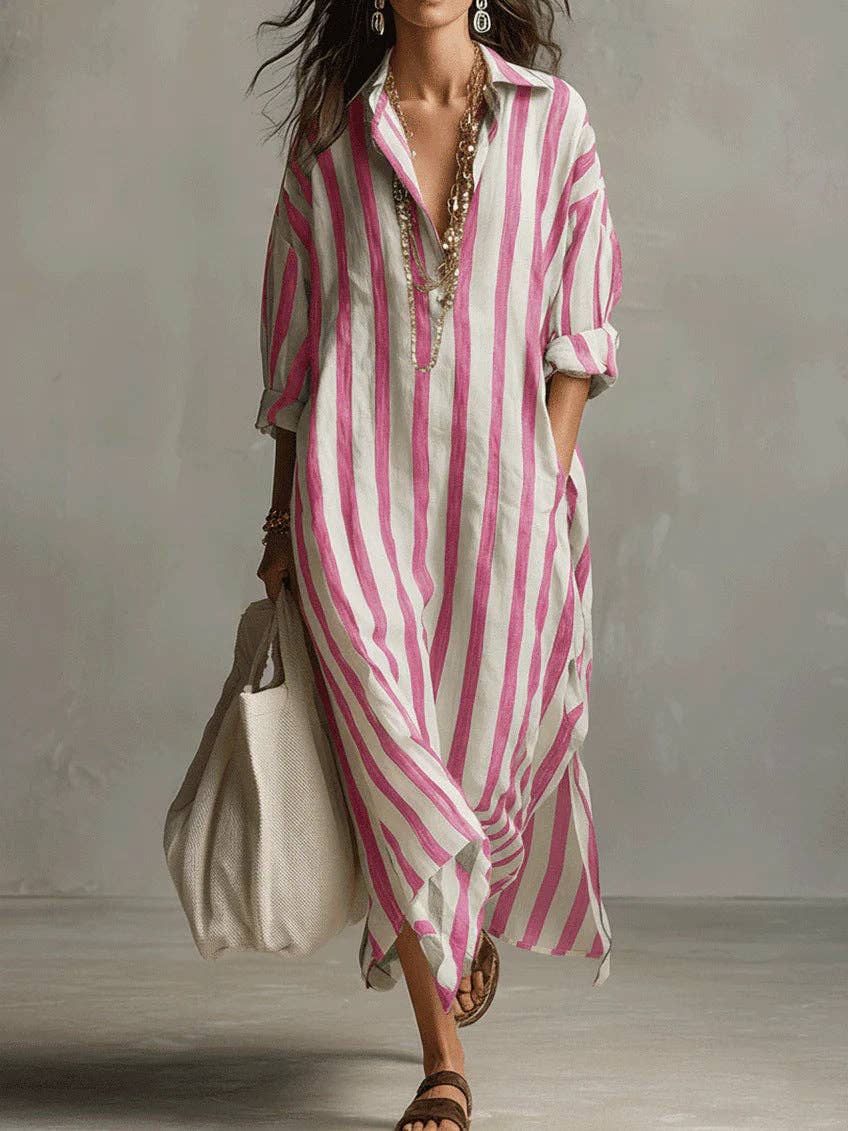 Striped V-Neck Shirt Dress