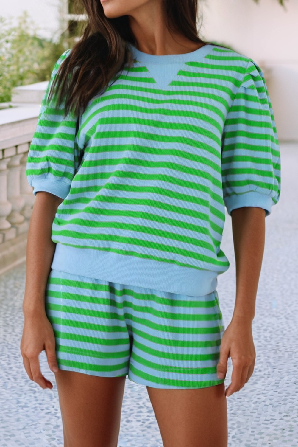 Striped Puff-Sleeve Top & Shorts Set