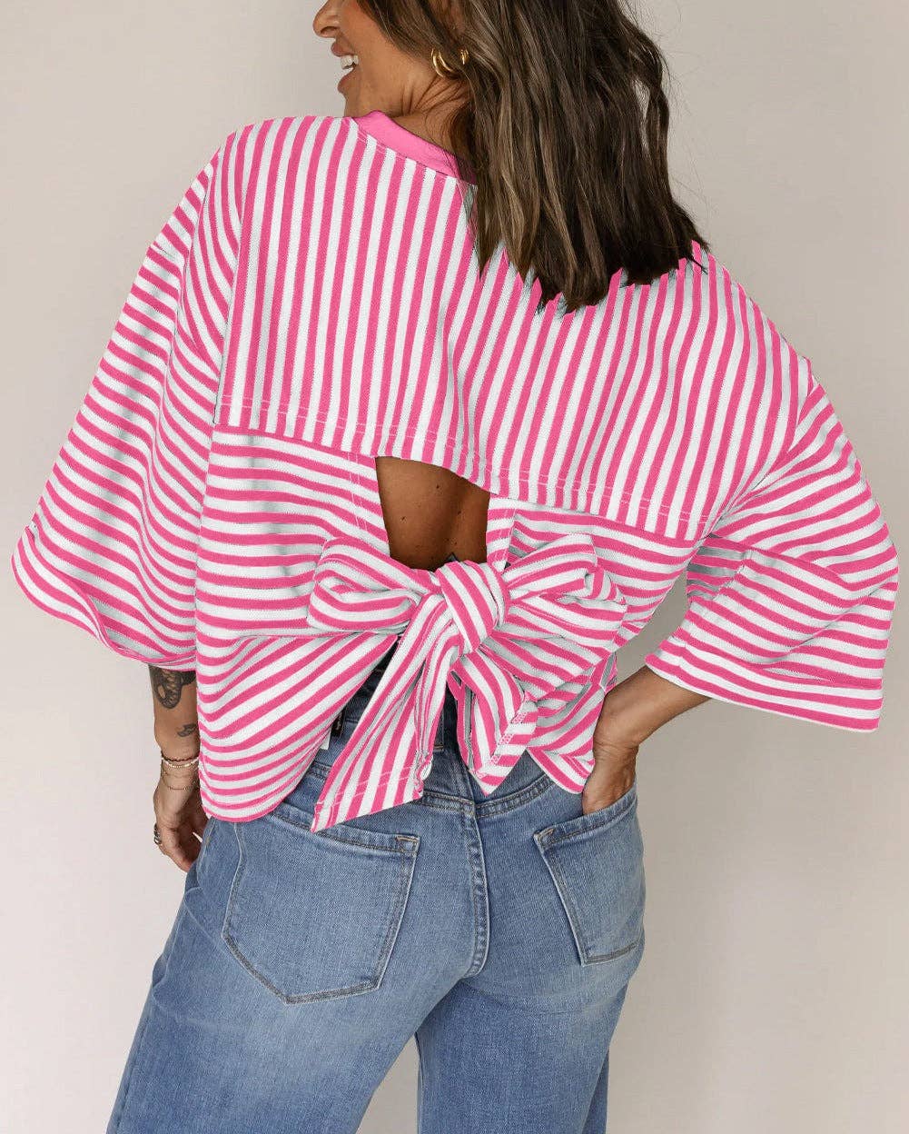 Green Striped Knit Bow-Back Top