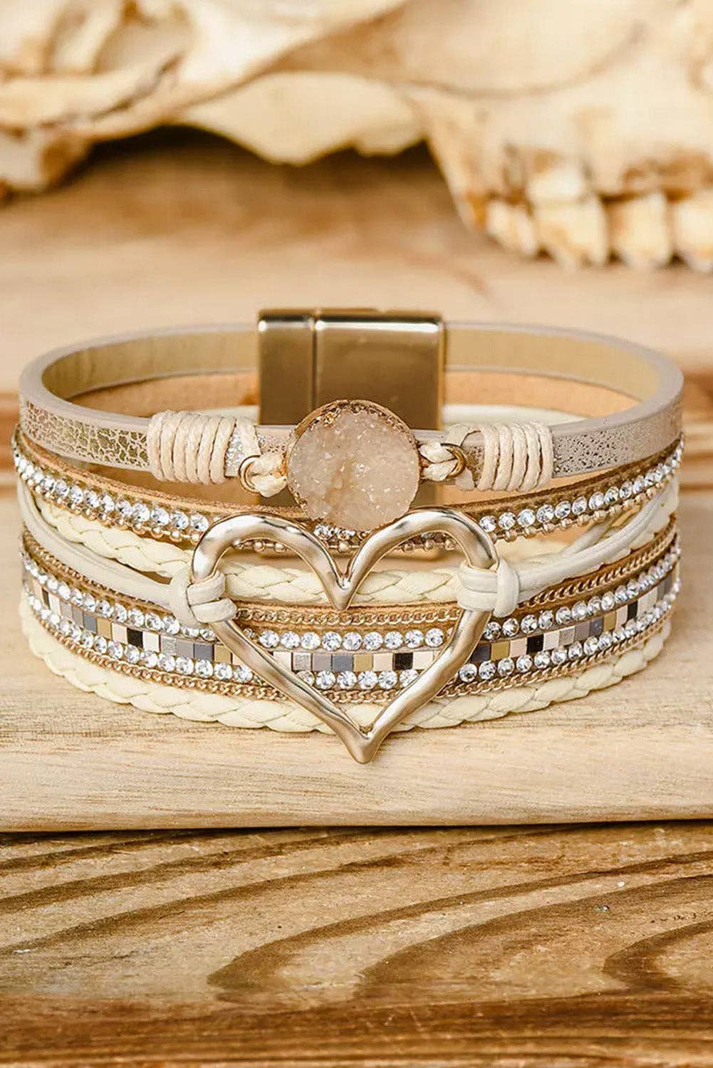 Layered Heart Charm Rhinestone Bracelet