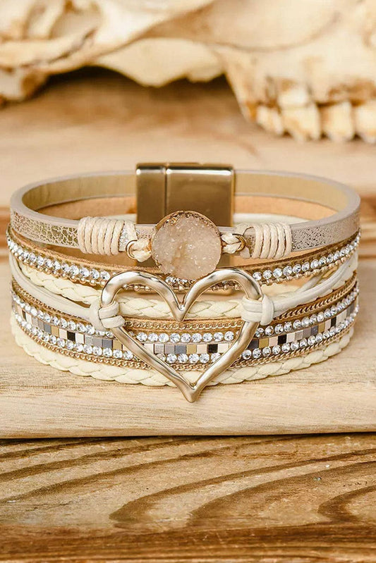 Layered Heart Charm Rhinestone Bracelet