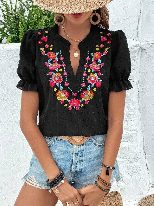 Floral Embroidered Puff-Sleeve Blouse