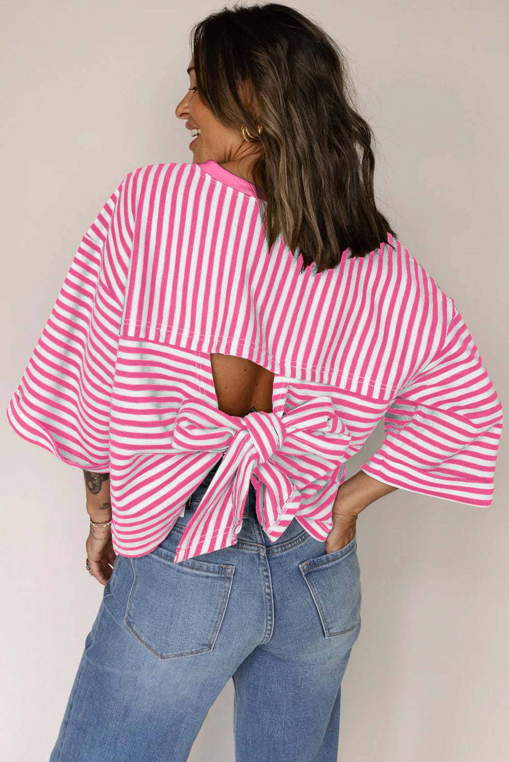 Green Striped Knit Bow-Back Top