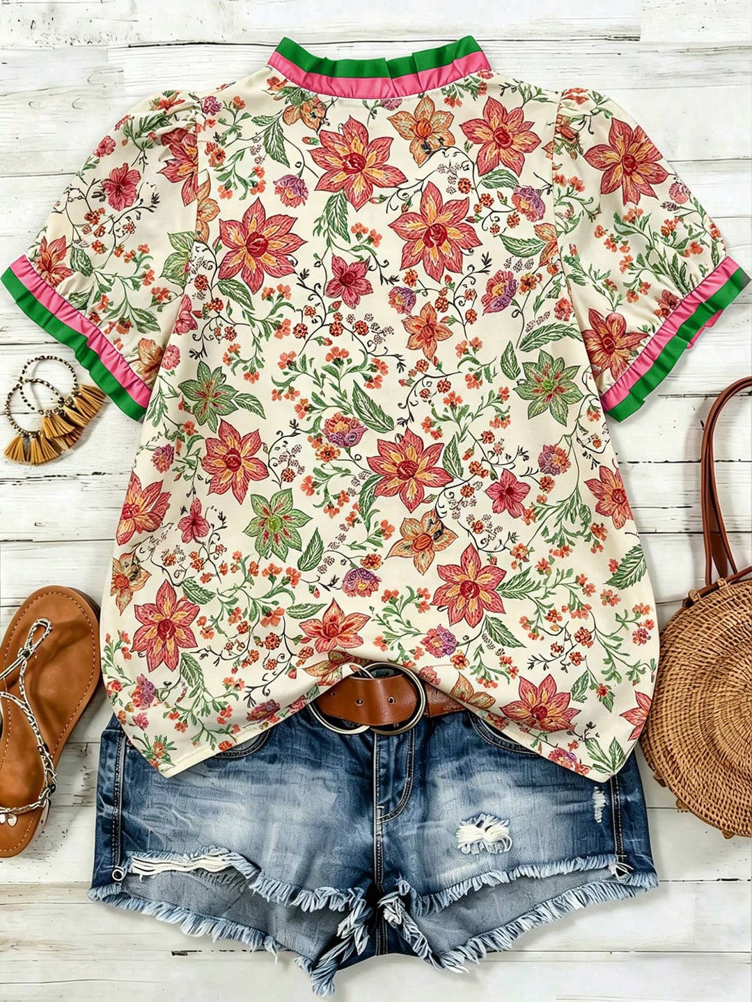 Western Floral Ruffle-Trim V-Neck Top