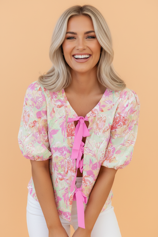 Floral Ribbon-Tie Puff-Sleeve Blouse