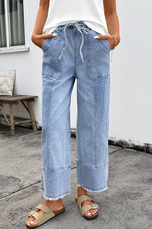 Drawstring Raw-Hem Wide-Leg Jeans