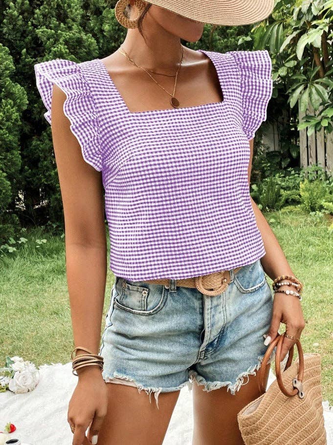 Gingham Square-Neck Ruffle Sleeve Top