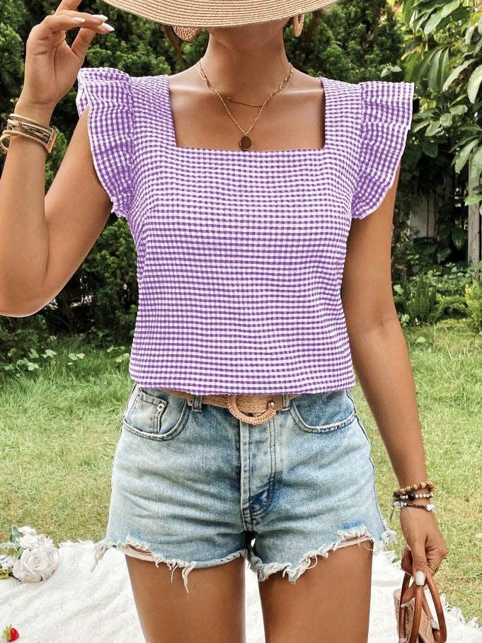 Gingham Square-Neck Ruffle Sleeve Top