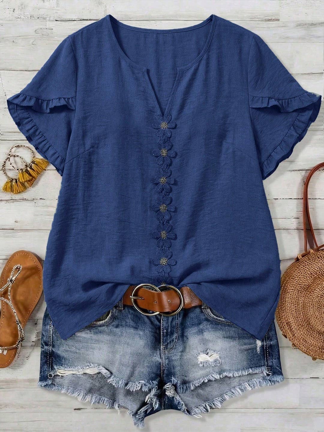 Floral Embroidered V-Neck Ruffle-Sleeve Blouse
