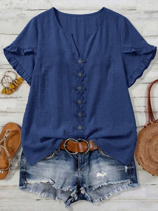 Floral Embroidered V-Neck Ruffle-Sleeve Blouse